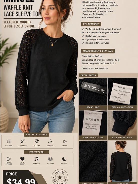 MIHOLL Tops - Waffle Knit Long Sleeve Top with Lace Sleeves - Black